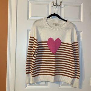 Cream colored sweater with brown stripes, pink heart in good condition